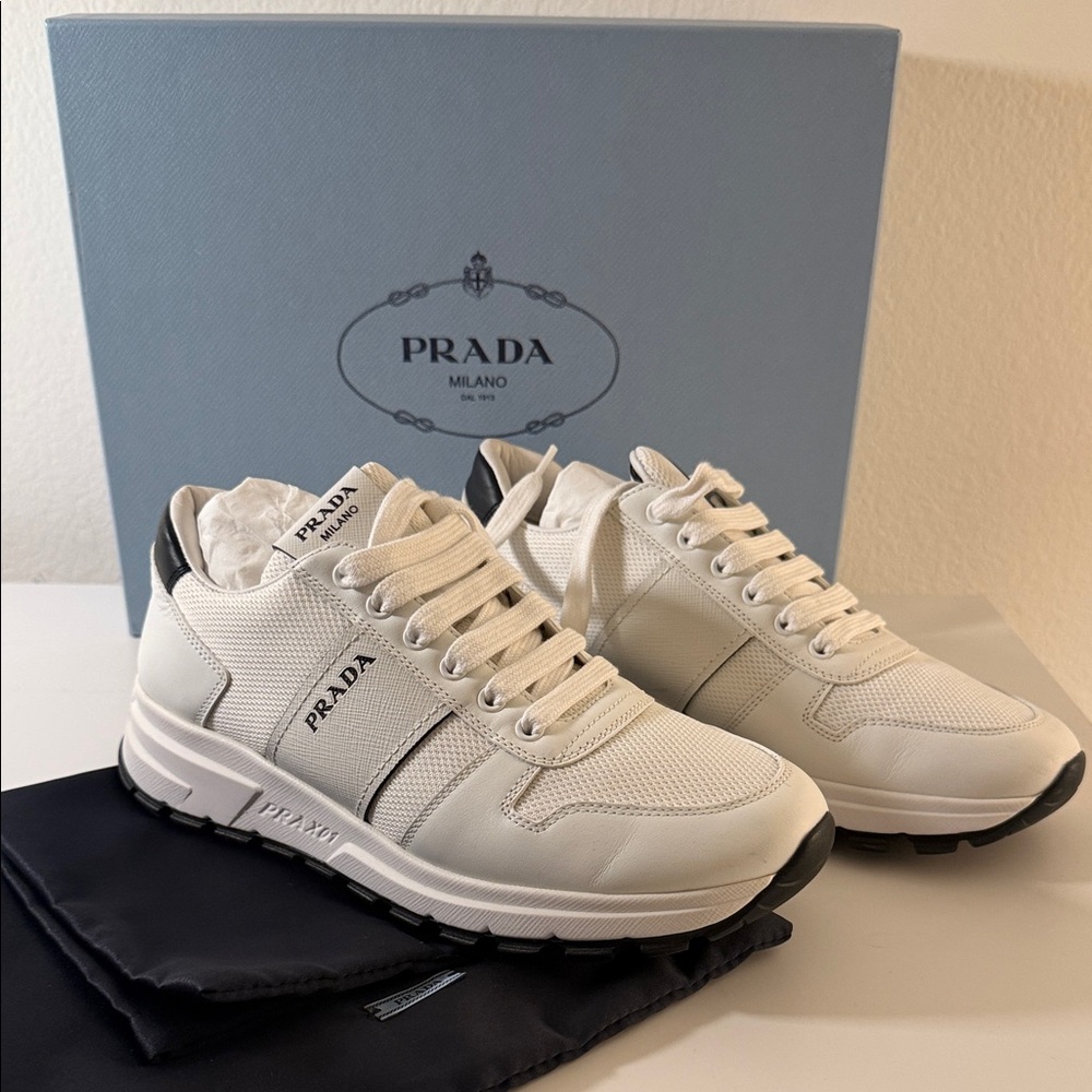 Prada Off-White Women’s Leather & Mesh Sneakers with Black Accents